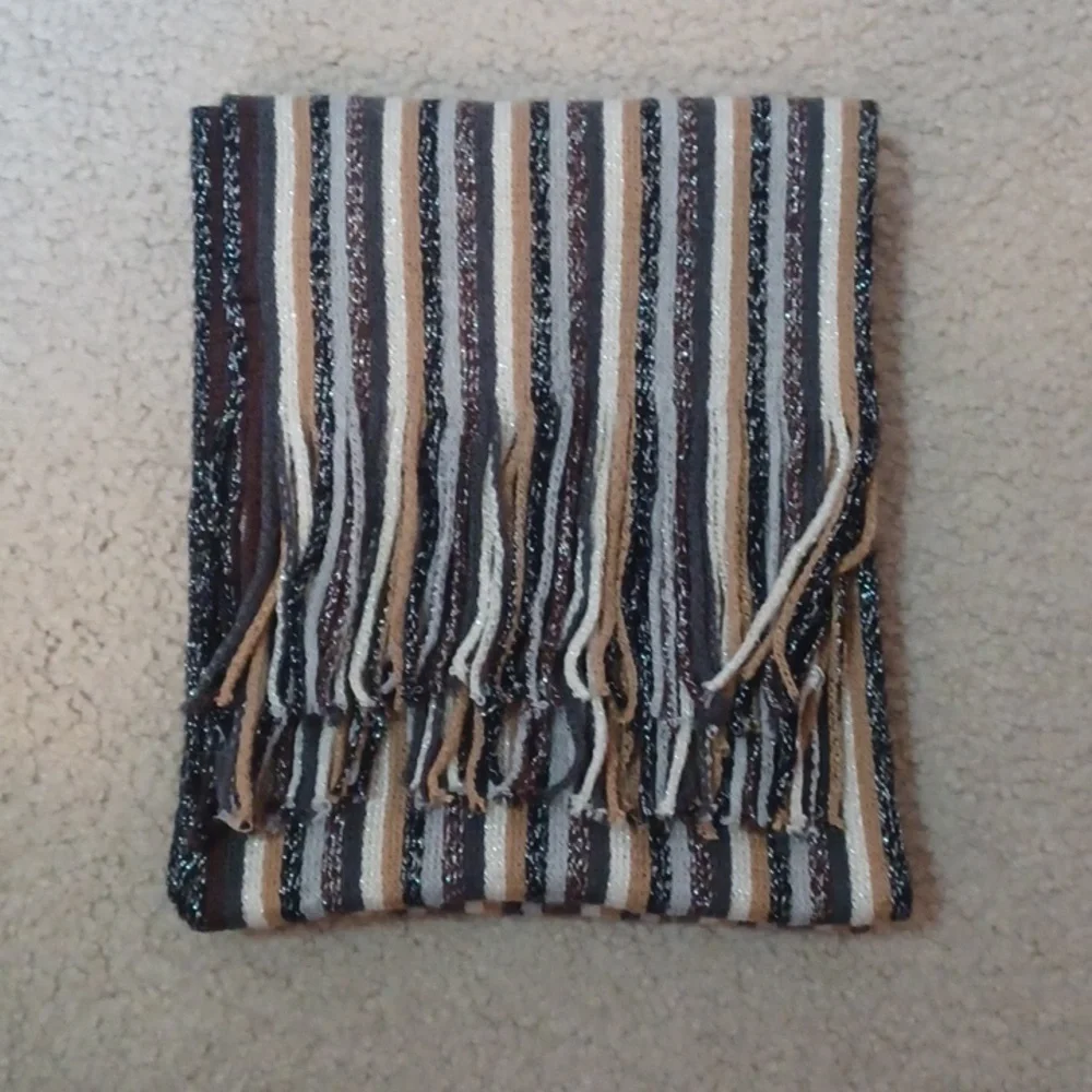 Cejon Earthtone Striped Scarf With Fringe And Sparkle